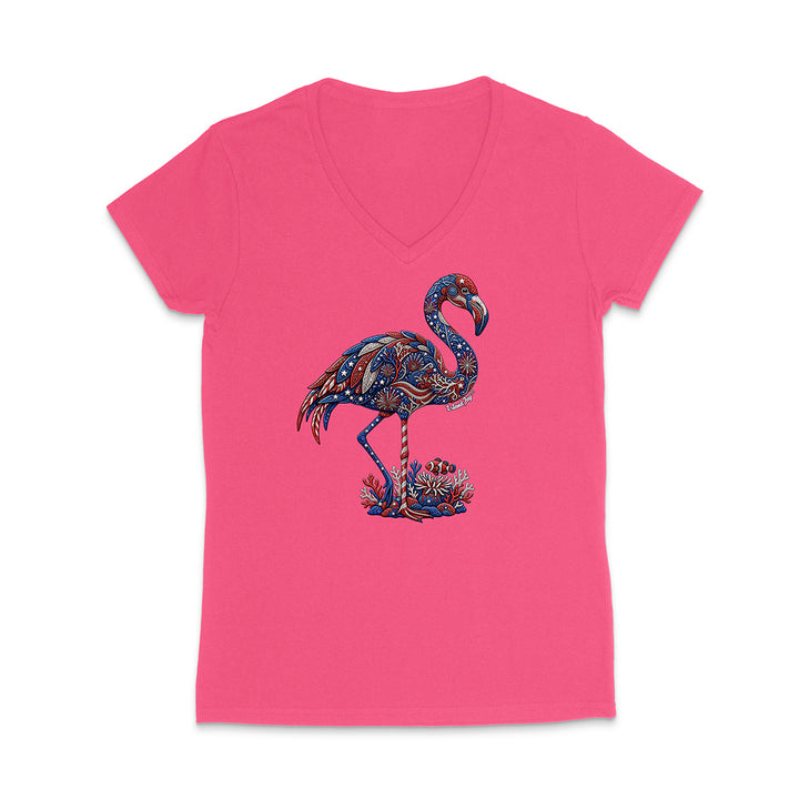 Pink V-neck t-shirt with a colorful flamingo design on a white background