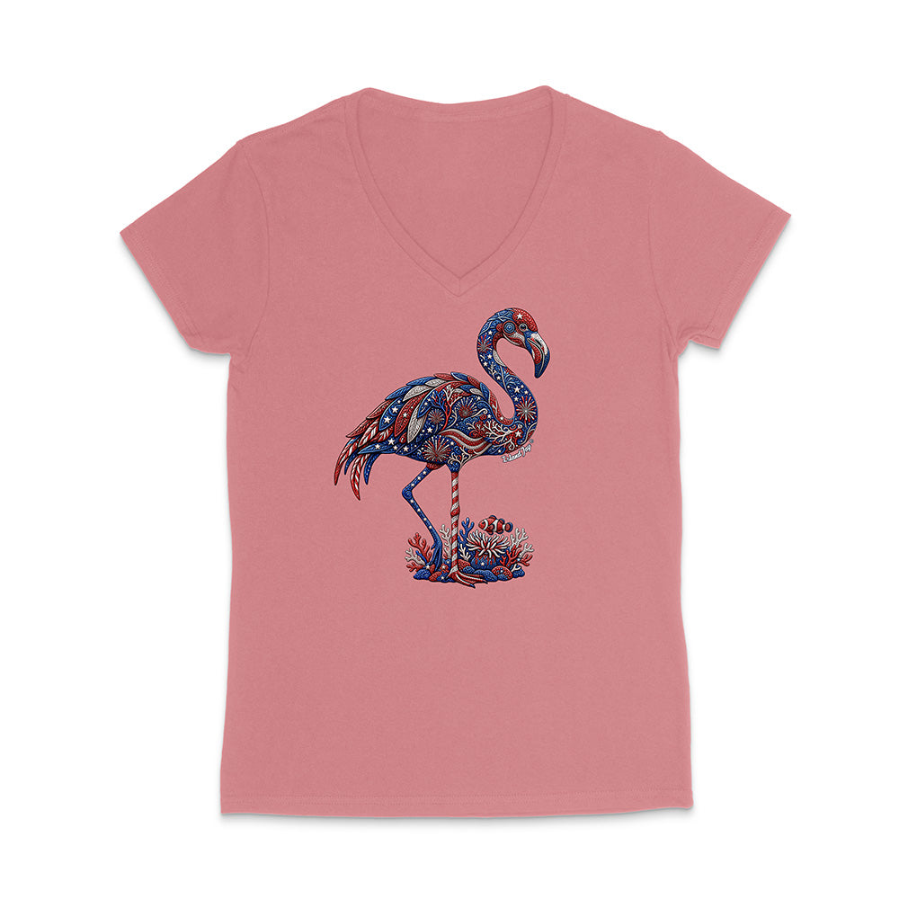 Pink t-shirt with a colorful flamingo design on a white background
