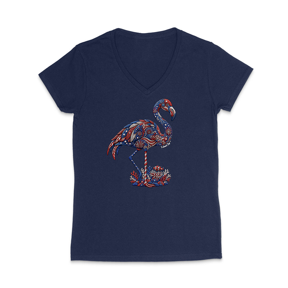 Navy blue t-shirt with a colorful flamingo design on a white background