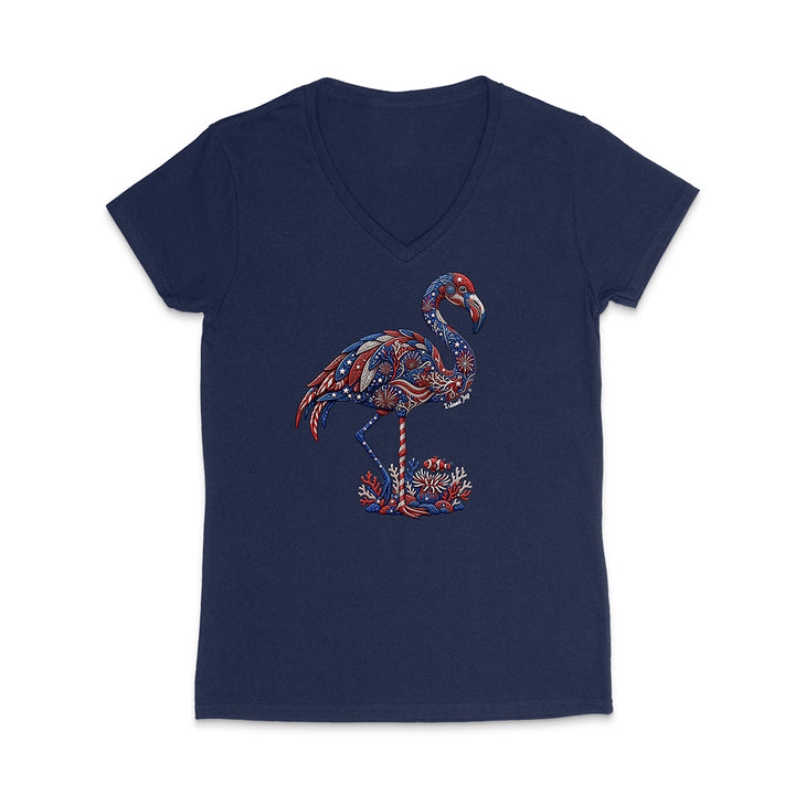 Navy blue t-shirt with a colorful flamingo design on a white background