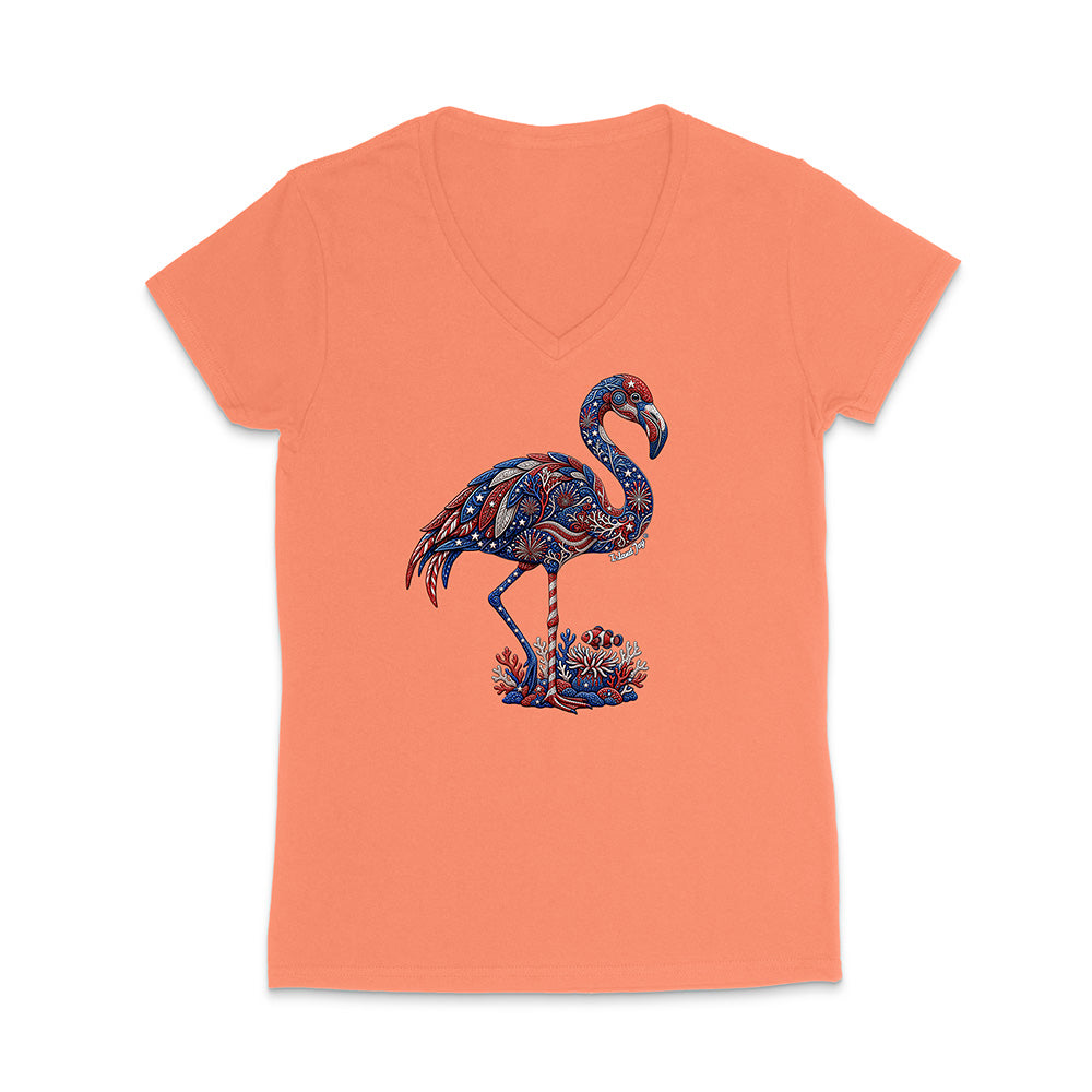 Coral t-shirt with a colorful flamingo design on a white background