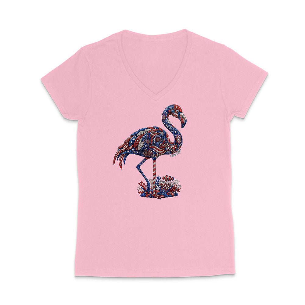Pink t-shirt with a colorful flamingo design on a white background
