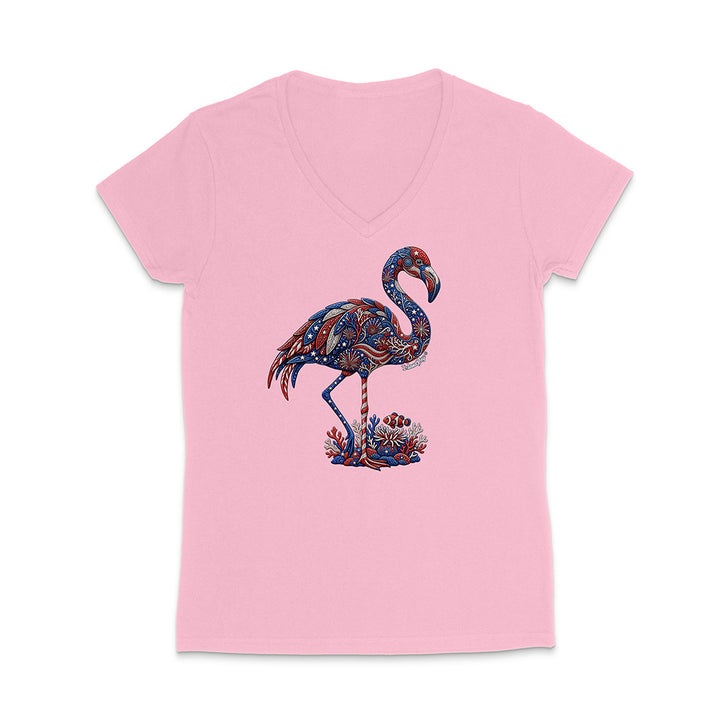 Pink t-shirt with a colorful flamingo design on a white background