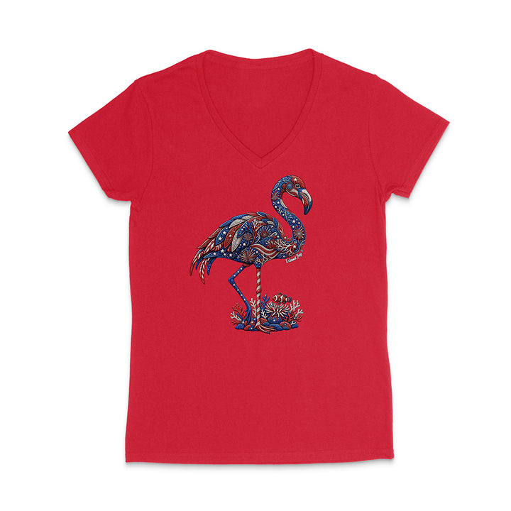 Red V-neck t-shirt with a colorful flamingo design on a white background