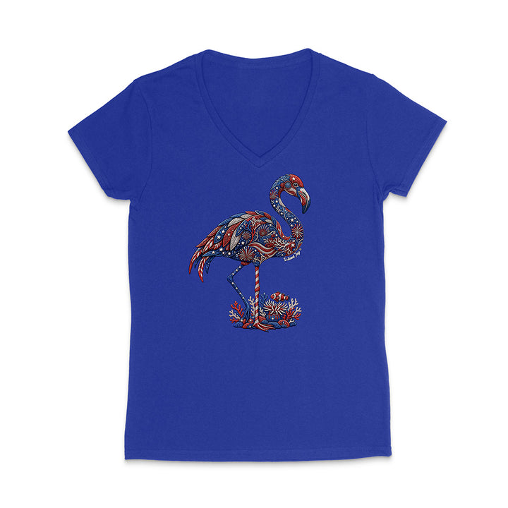 Blue t-shirt with a colorful flamingo design on a white background