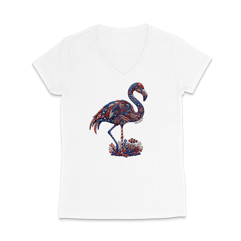 White t-shirt with a colorful flamingo design on a white background