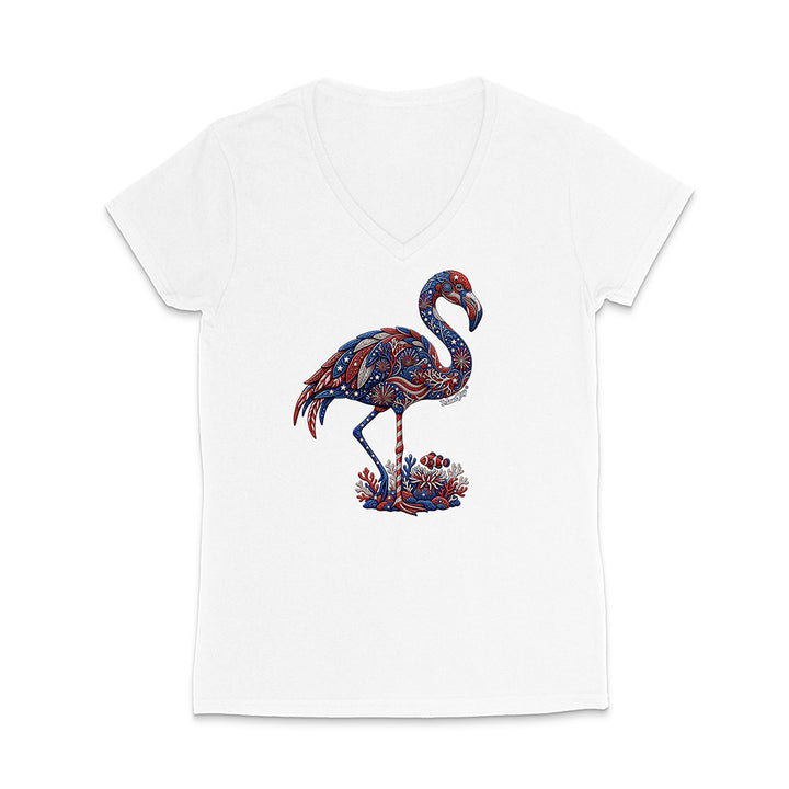 White t-shirt with a colorful flamingo design on a white background