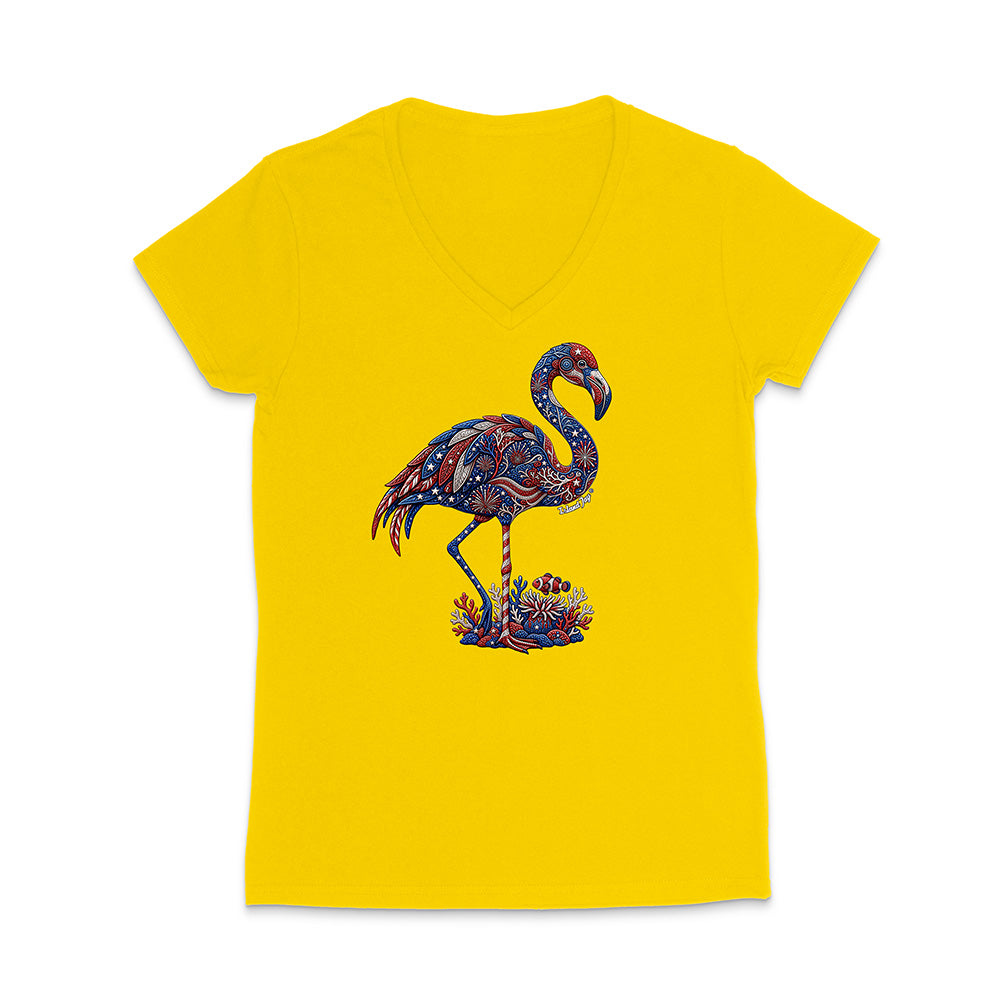 Yellow t-shirt with a colorful flamingo design on a white background
