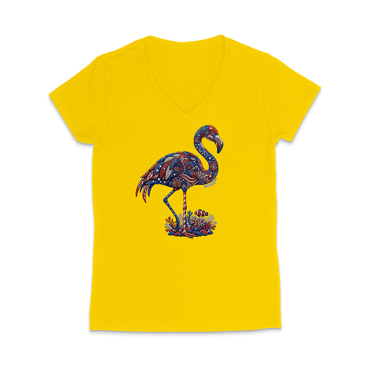 Yellow t-shirt with a colorful flamingo design on a white background