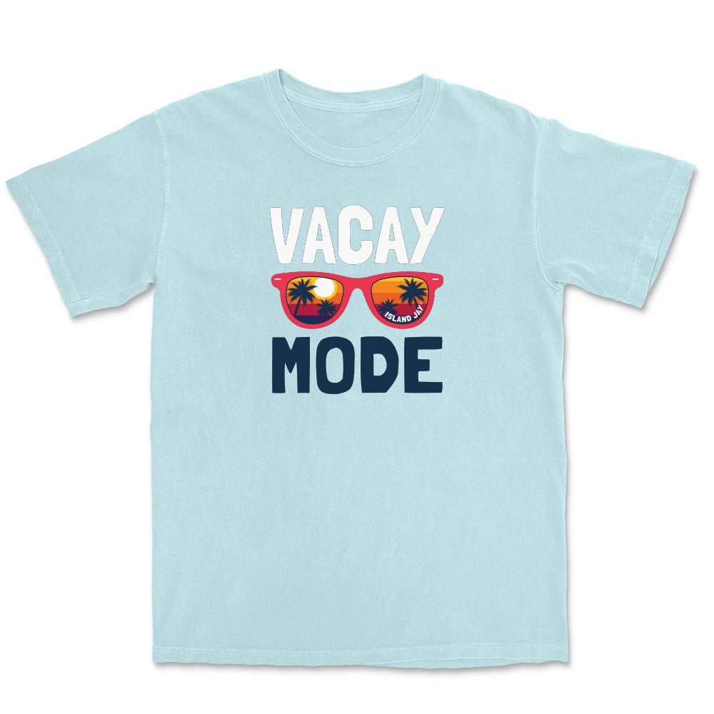 Light blue t-shirt with 'Vacay Mode' text and sunglasses graphic on a white background