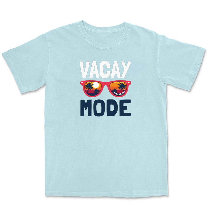 Light blue t-shirt with 'Vacay Mode' text and sunglasses graphic on a white background