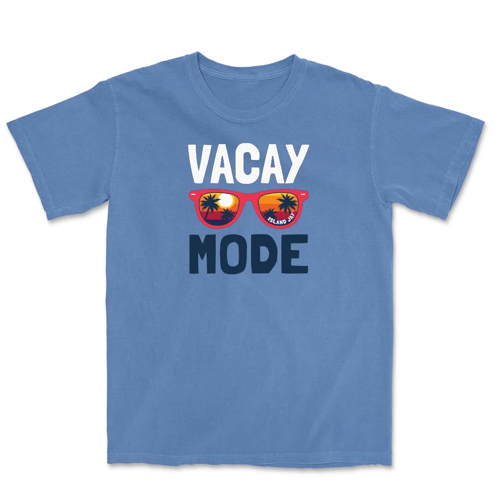Blue t-shirt with 'Vacay Mode' text and sunglasses graphic on a white background