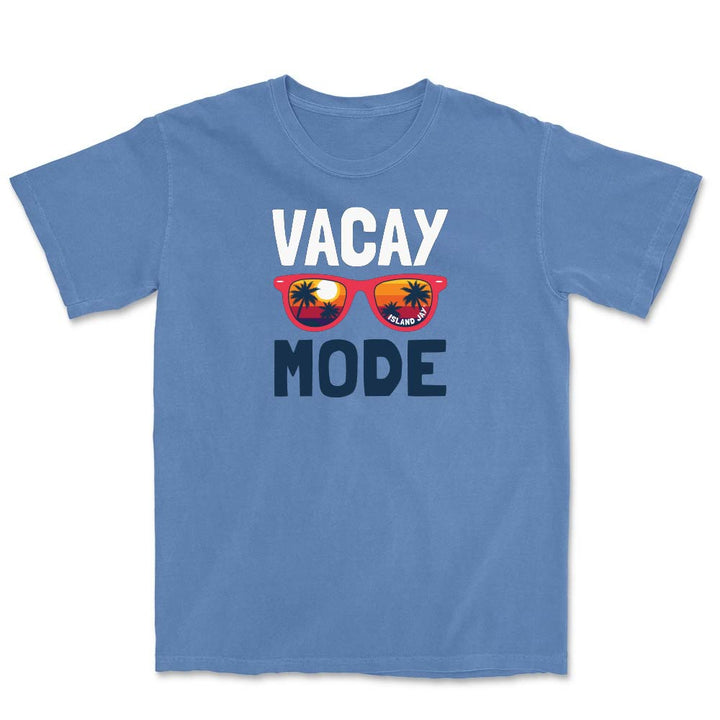Blue t-shirt with 'Vacay Mode' text and sunglasses graphic on a white background
