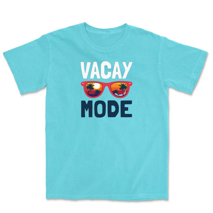 Light blue t-shirt with 'Vacay Mode' text and sunglasses graphic on a white background