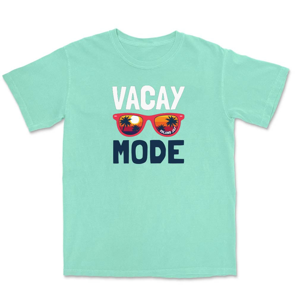 Mint green t-shirt with 'Vacay Mode' text and sunglasses graphic on a white background
