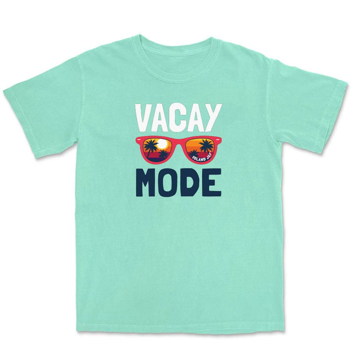 Mint green t-shirt with 'Vacay Mode' text and sunglasses graphic on a white background