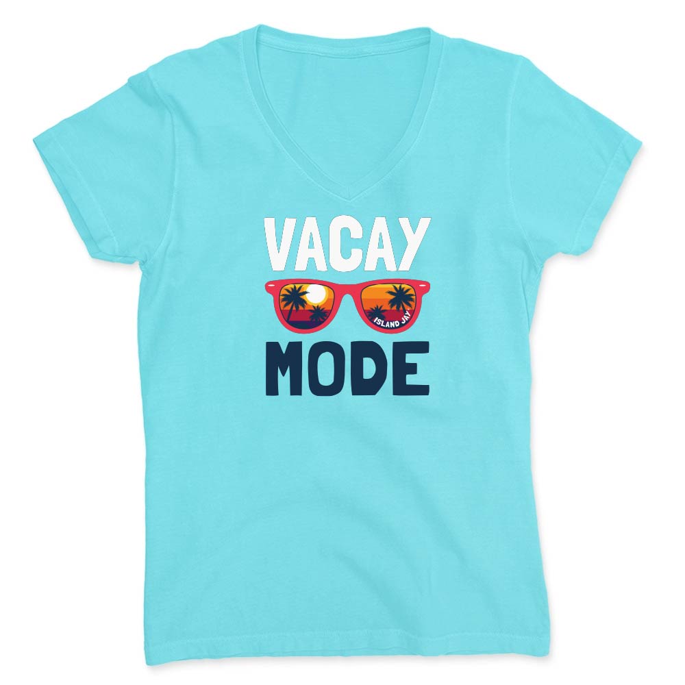 Light blue t-shirt with 'Vacay Mode' text and sunglasses graphic on a white background