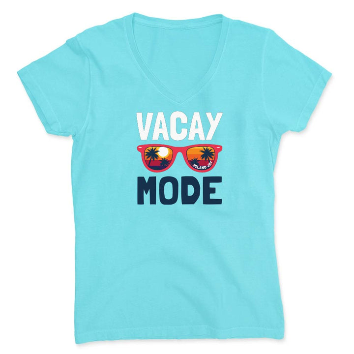 Light blue t-shirt with 'Vacay Mode' text and sunglasses graphic on a white background