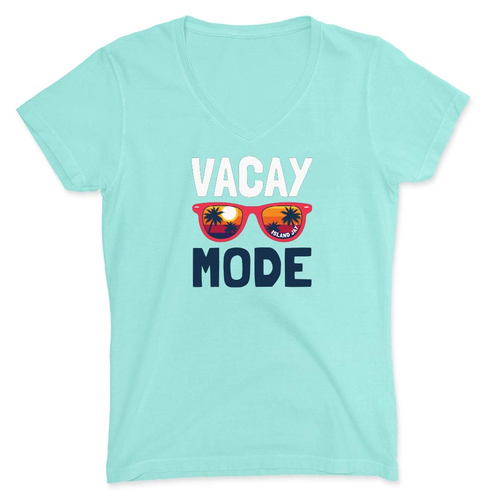 Mint green t-shirt with 'Vacay Mode' text and sunglasses graphic on a white background