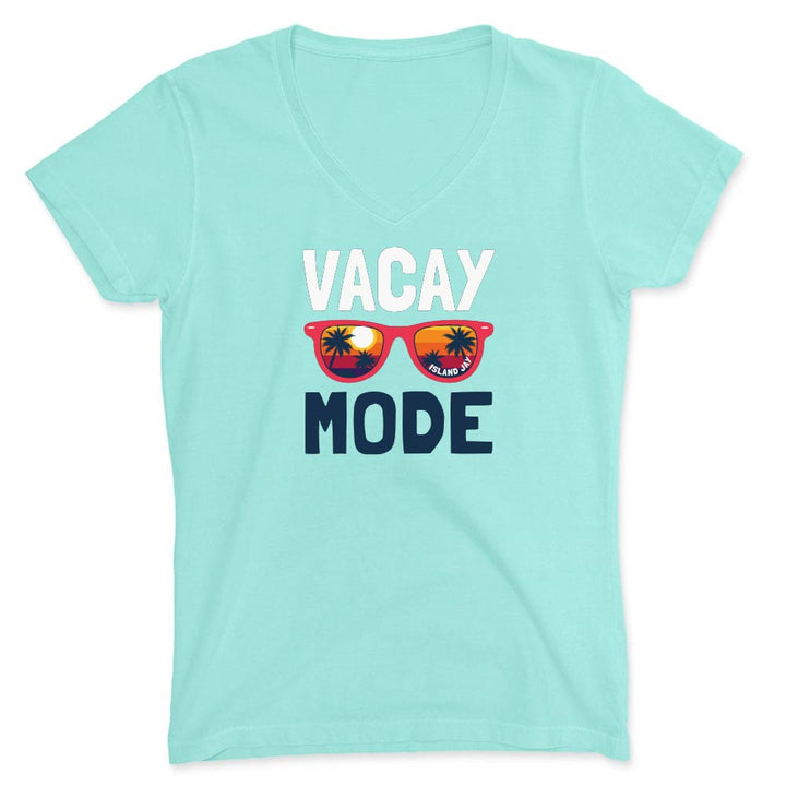 Mint green t-shirt with 'Vacay Mode' text and sunglasses graphic on a white background