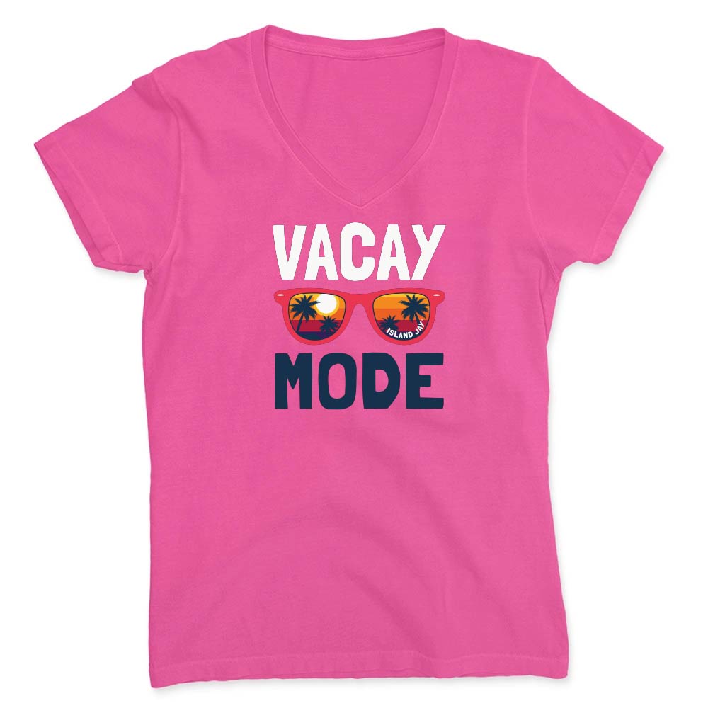 Pink t-shirt with 'Vacay Mode' text and sunglasses graphic on a white background