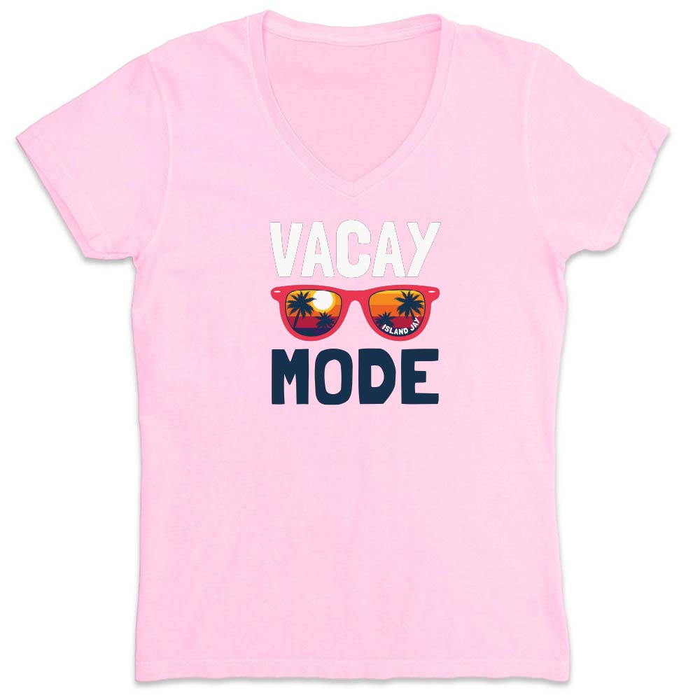 Pink t-shirt with 'Vacay Mode' text and sunglasses graphic on a white background