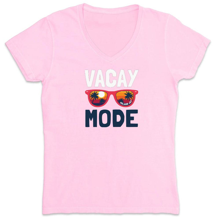 Pink t-shirt with 'Vacay Mode' text and sunglasses graphic on a white background