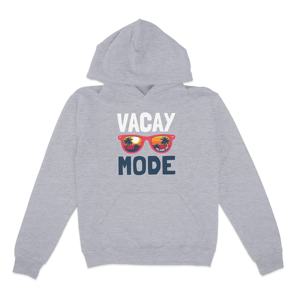 Gray hoodie with 'Vacay Mode' text and sunglasses graphic on a white background