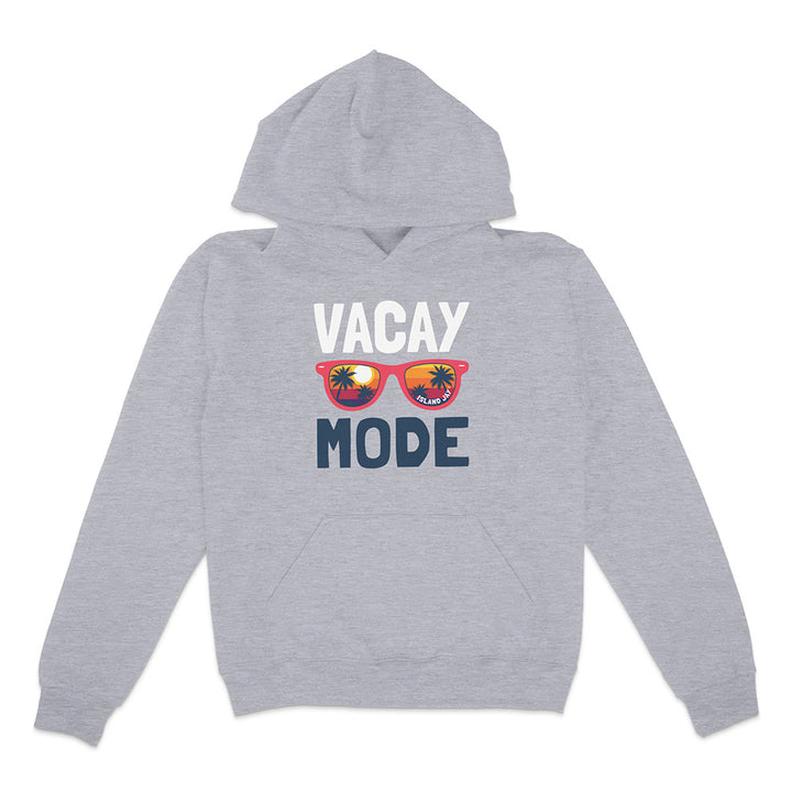 Gray hoodie with 'Vacay Mode' text and sunglasses graphic on a white background