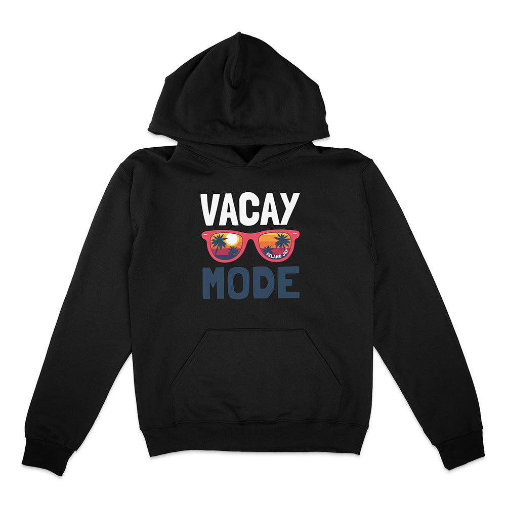 Black hoodie with 'Vacay Mode' text and sunglasses graphic on a white background