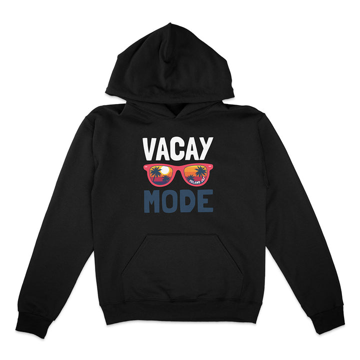 Black hoodie with 'Vacay Mode' text and sunglasses graphic on a white background