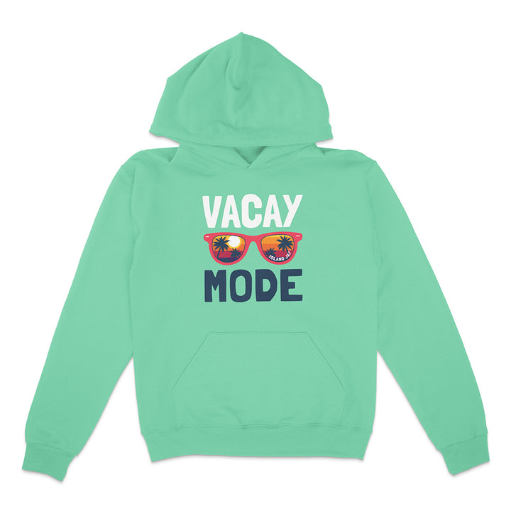 Mint green hoodie with 'Vacay Mode' text and sunglasses graphic on a white background