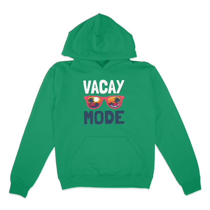Green hoodie with 'Vacay Mode' text and sunglasses graphic on a white background