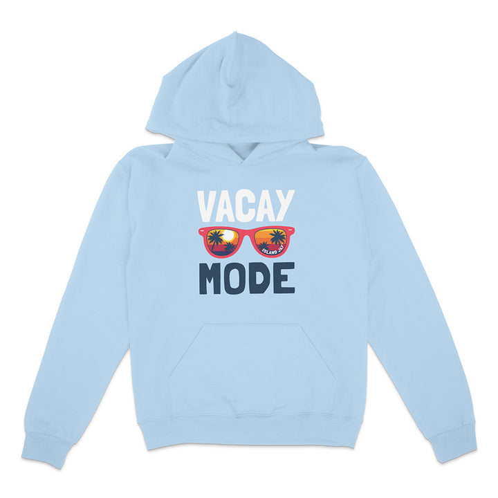 Light blue hoodie with 'Vacay Mode' text and sunglasses graphic on a white background