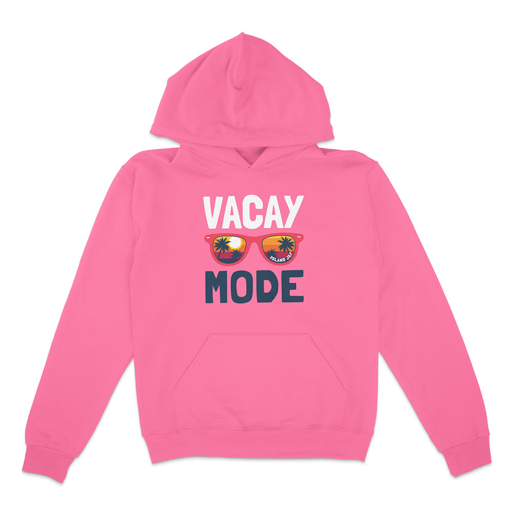 Pink hoodie with 'Vacay Mode' text and sunglasses graphic on a white background