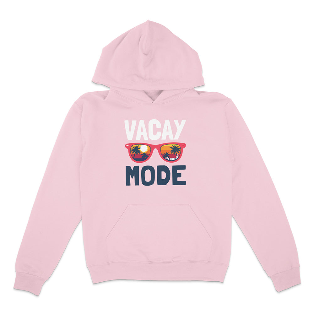 Pink hoodie with 'Vacay Mode' text and sunglasses graphic on a white background