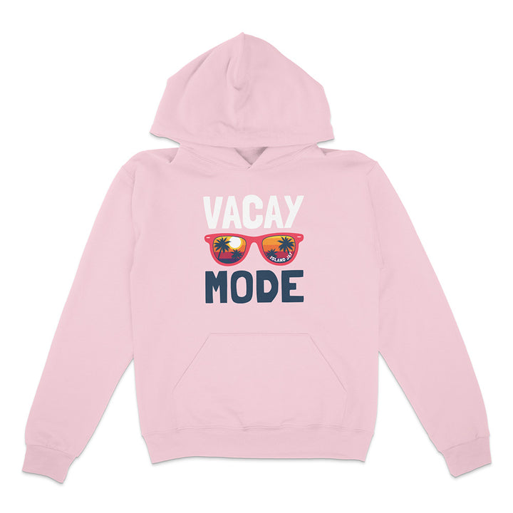 Pink hoodie with 'Vacay Mode' text and sunglasses graphic on a white background
