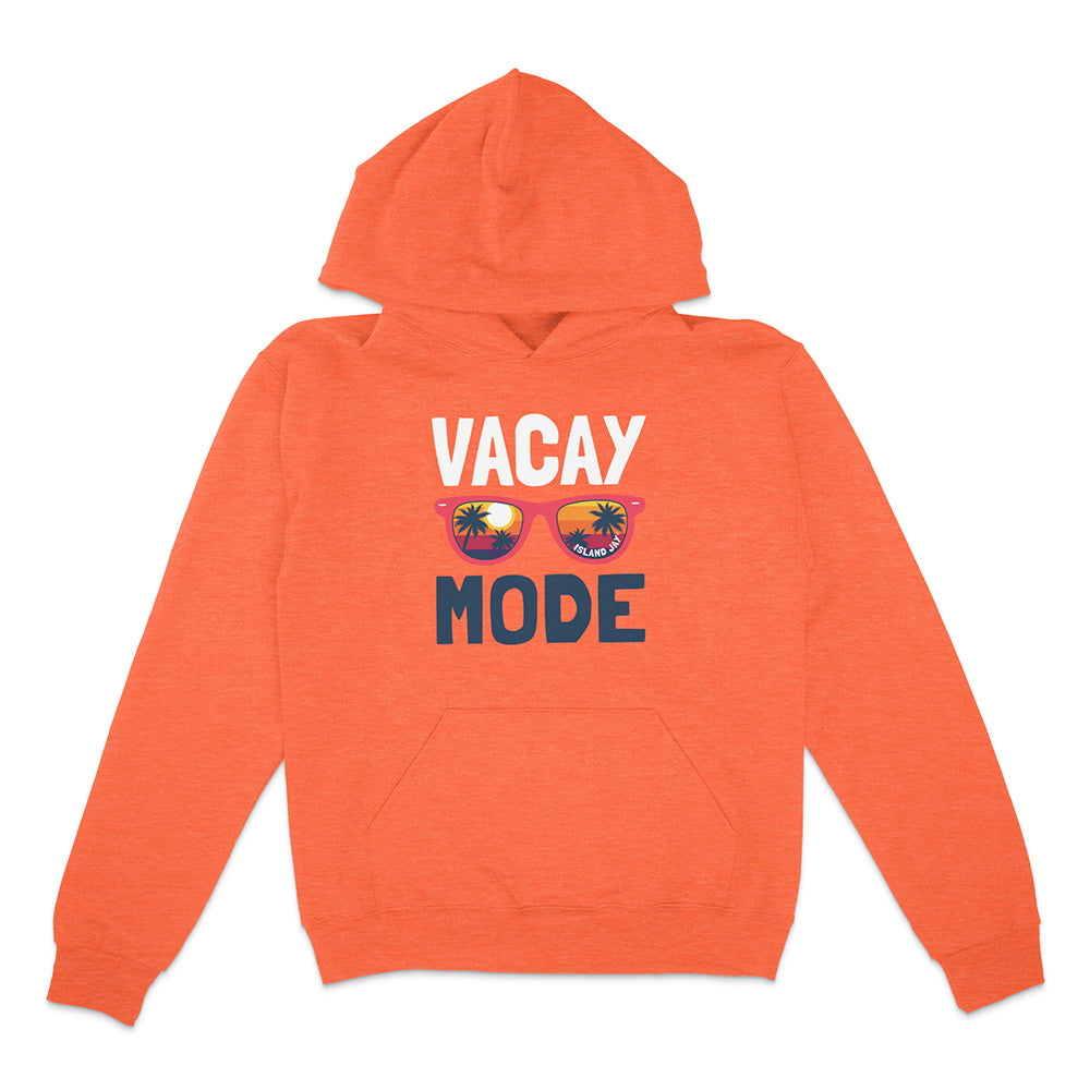 Orange hoodie with 'Vacay Mode' text and sunglasses graphic on a white background