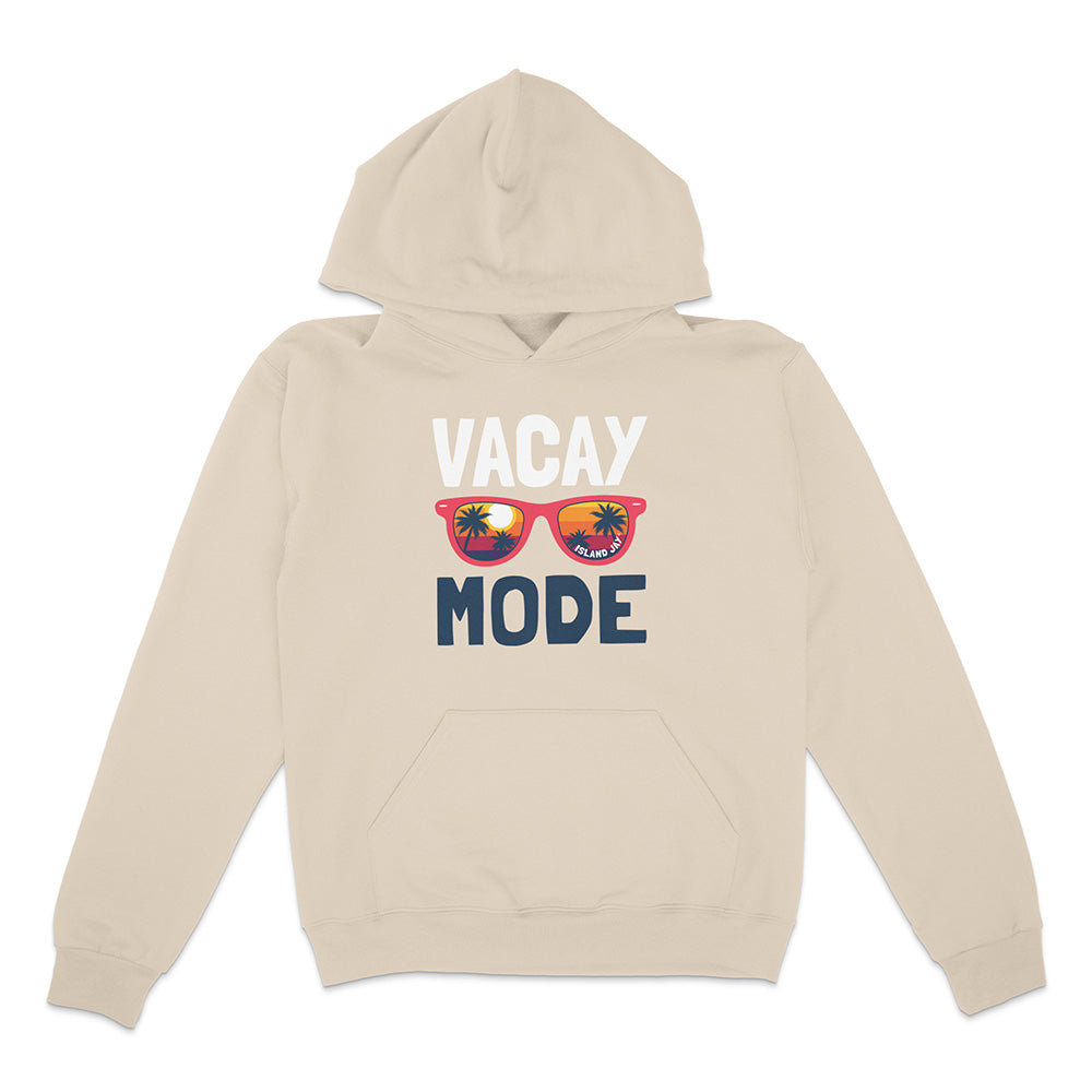 Beige hoodie with 'Vacay Mode' text and sunglasses graphic on a white background