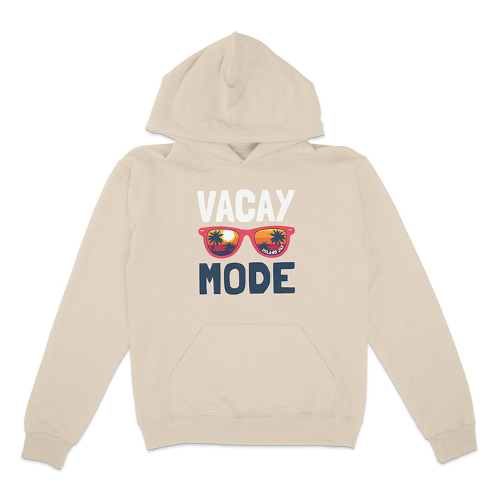Beige hoodie with 'Vacay Mode' text and sunglasses graphic on a white background