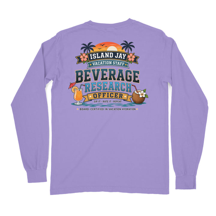 A light purple long-sleeve t-shirt shown from the back, featuring a colorful graphic print with tropical beach elements and the text 'ISLAND JAY BEVERAGE RESEARCH OFFICER'.