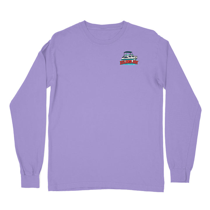 A light purple long-sleeve crewneck t-shirt with a small graphic on the left chest depicting a boat and the text 'SUNSHINE YACHTING'.