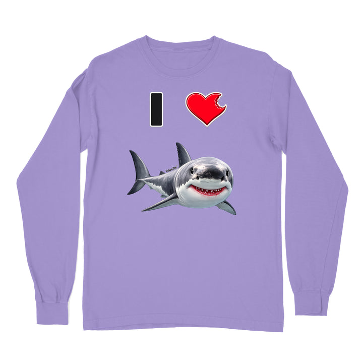 A violet long sleeve shirt with the phrase "I love shark" written with a heart icon graphic for the "love" and a cute shark graphic for the "Shark".