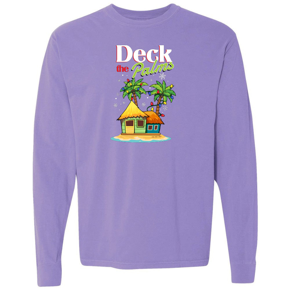 Violet long-sleeve shirt with a tropical hut and palm tree design and graphic text reading "Deck The Palms" on a white background