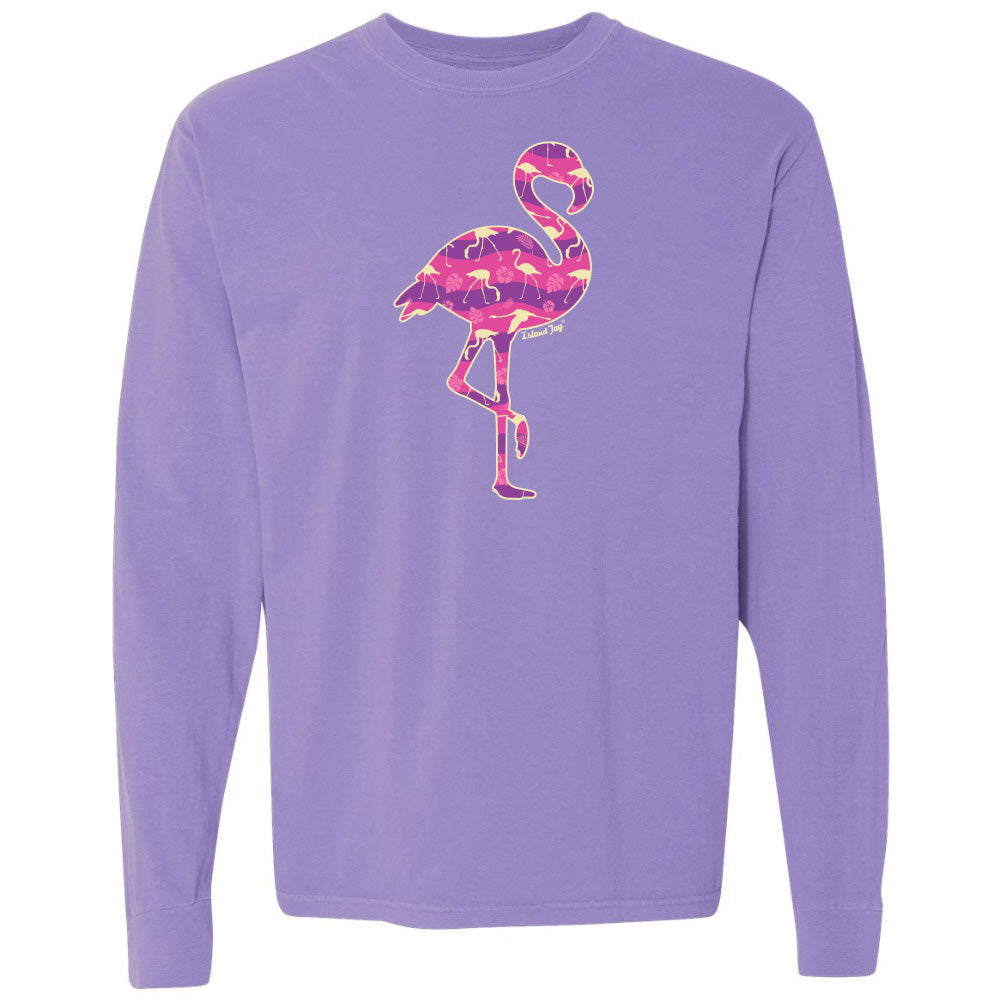 Violet long-sleeve shirt with a pink flamingo design on a white background
