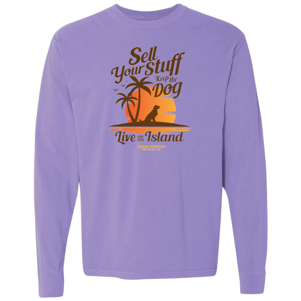 Purple long-sleeve shirt with a graphic design on a white background