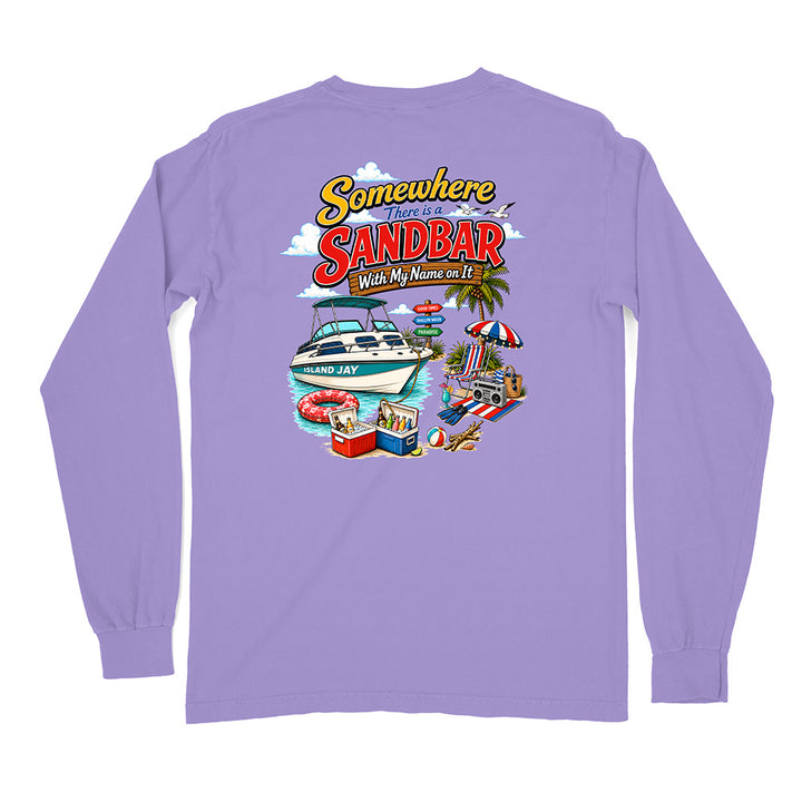 A light purple long-sleeve t-shirt shown from the back, featuring a colorful graphic print of a speedboat, beach umbrellas, and the text 'Somewhere Sandbar With My Name on It'.