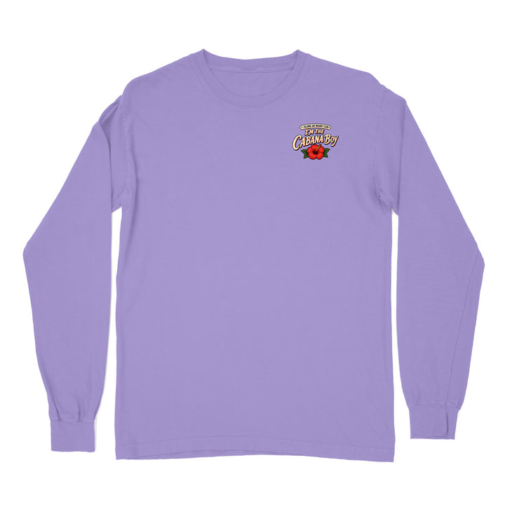 A light purple long-sleeve crewneck t-shirt with a small colorful graphic on the left chest, displayed flat against a solid white background.