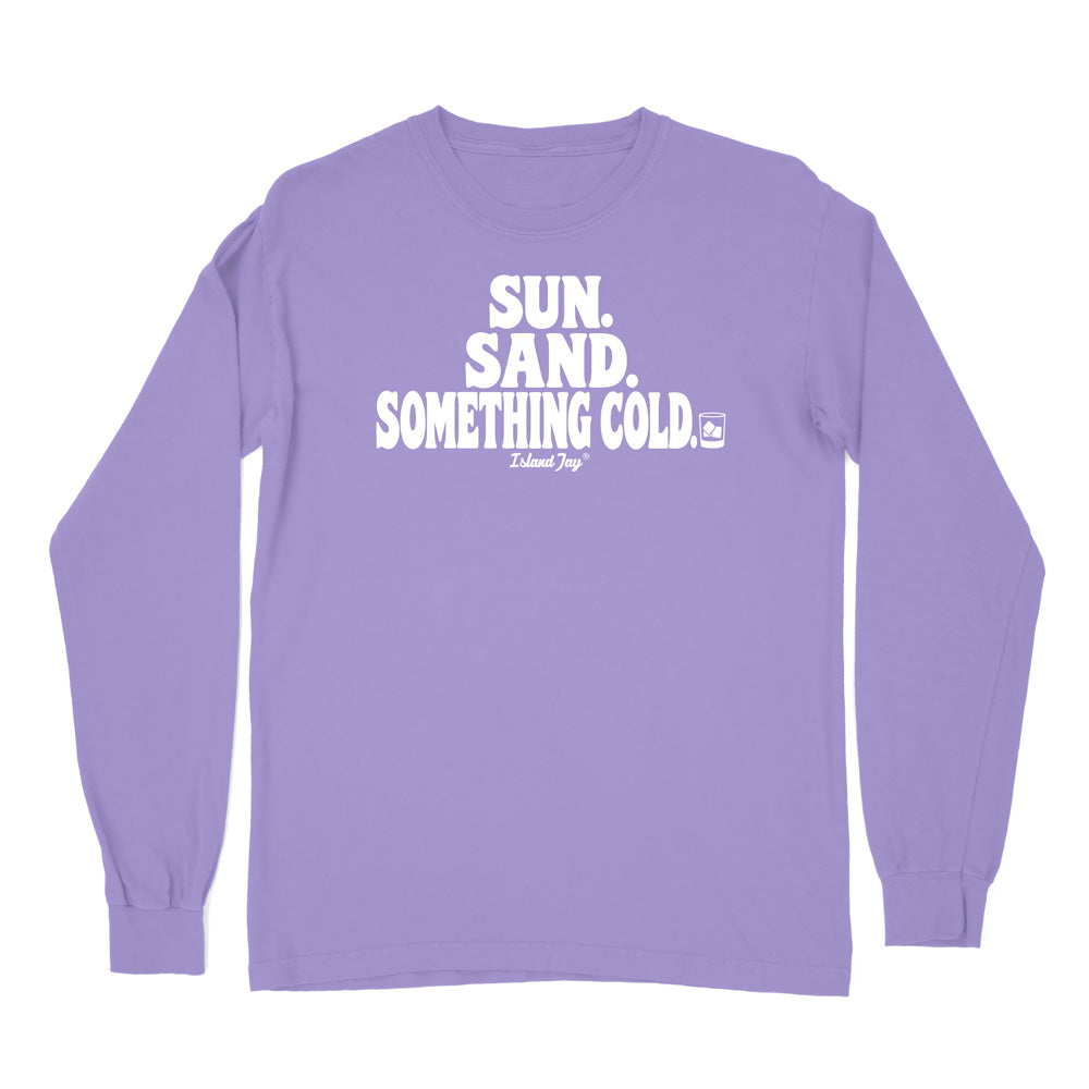 A violet long-sleeve t-shirt with a white graphic text print on the chest reading 'SUN. SAND. Something cold