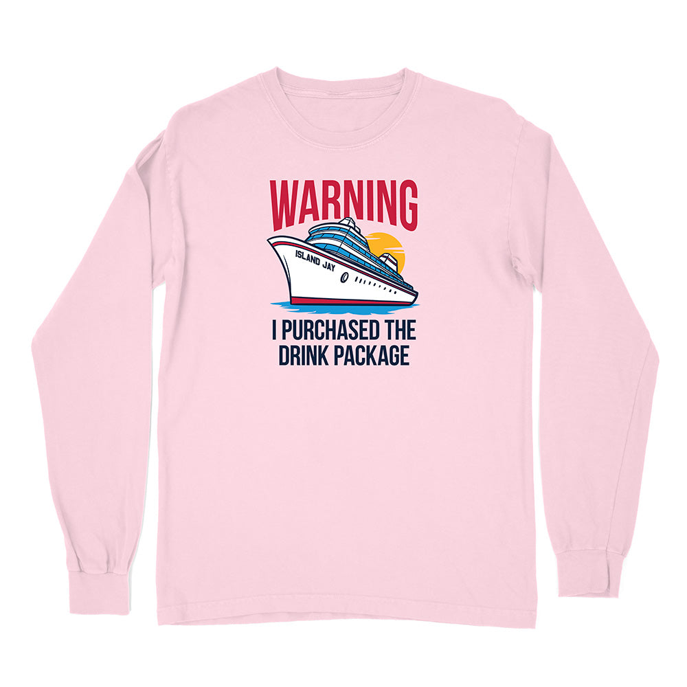 Pink long-sleeve shirt with a cruise ship graphic and text on a white background